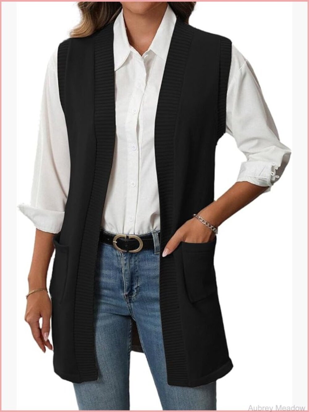 Long Sleeveless Cardigan Vest Open Front Knit Vest Top with Pockets